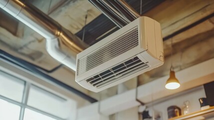 Obraz premium Mechanical Elegance Industrial Architecture: Air Conditioner and Metal Pipes.Close-up of Industrial Air Conditioning System in Modern Office.Concept of industrial design, modern office interior, HVAC 