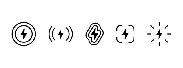 Energy icon. Electricity light symbol. Electric power vector illustration. Fast charge sign. Battery element. Thunderbolt and lightning pictogram set. Wireless charging concept.