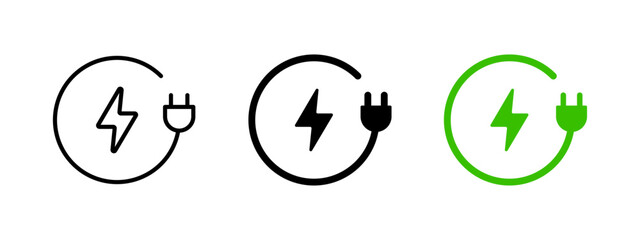 Car charging point icon. Electric plug symbol. Electricity sign. Green energy vector illustration. Wire with plug and lightning bolt pictogram. Phone charge technology concept.