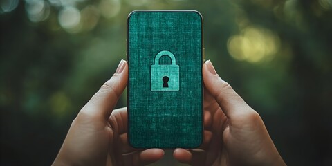 Person holds a cell phone with a lock on the screen which stands for cyber security