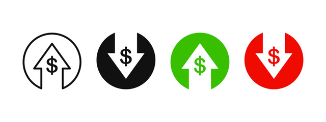 Money arrow up and down icon set. Price change symbol. Increase and decrease arrow with dollar sign. Cash currency rate. Stock graph. Income and loss vector illustration. Red and green money arrow set