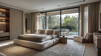 Fototapeta premium Modern Bedroom Interior Design with a View of a Lush Garden