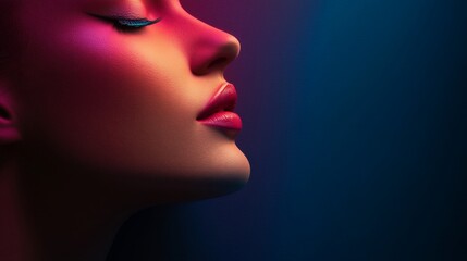 Closeup portrait of a woman's face with vibrant pink and blue lighting.