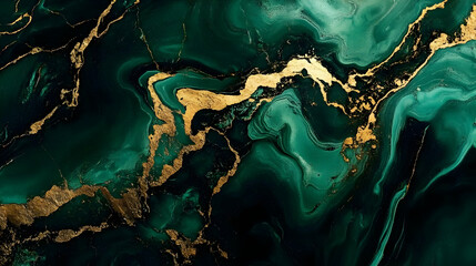 Abstract Green and Gold Swirls Marble Background