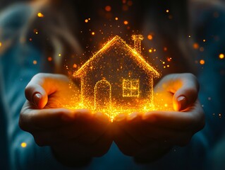 A person holding a glowing house in their hands