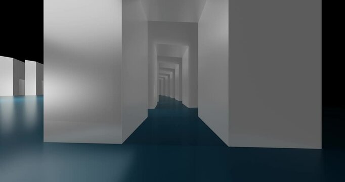 Moving forward through a long circular hallway with a blue floor. The walls are white and the ceiling is gray. The hallway is empty and the only light source is coming from the ceiling. 4k loop animat