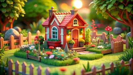 A charming little red house with a vibrant garden displayed on a table, perfect for showcasing home decor and garden themes.