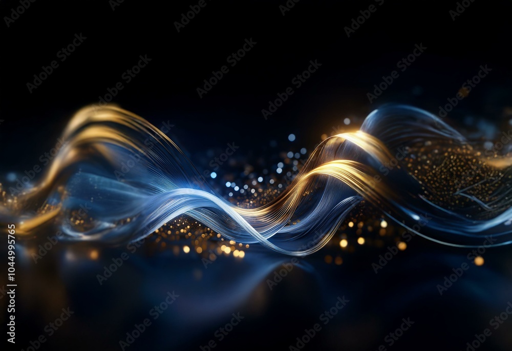 Poster Abstract image of blue and gold flowing lines, with bokeh lights and a dark background.