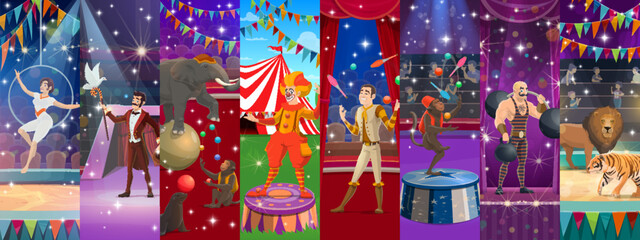 Cartoon circus performer characters collage with a clown, strongman, juggler and animals, capture the excitement and magic of a circus big top tent show, filled with colorful costumes and entertaining © Vector Tradition
