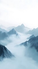 Illustration of blue mountains in the fog, vector art, white background, flat design