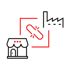 Supply Chain Disruption Icon – Broken Chain Link Between Factory and Store Icons, Indicating Interruption in Goods Flow