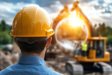 Construction worker overseeing heavy machinery operations at sunset