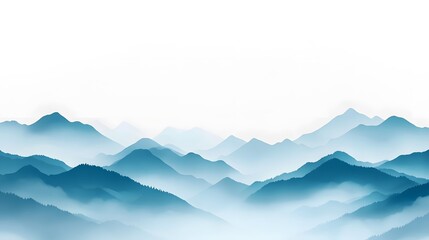 Illustration of blue mountains in the fog, vector art, white background, flat design