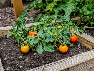 Obraz premium A wooden raised garden bed filled with lots of tomatoes