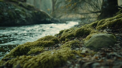 A dramatic close-up of a riverbank covered in moss, the high-resolution details of the moss and stones stand out