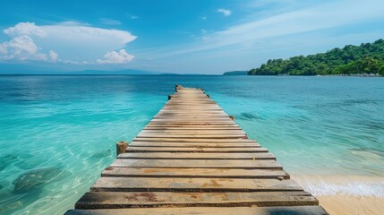 Fototapeta premium Wooden Pier Leading to Tranquil Blue Waters