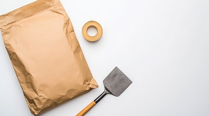 Cement ready for DIY projects with an iron trowel and tape on a clean white surface, showcasing essential tools for construction tasks