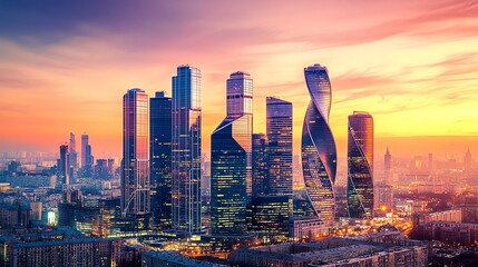 Fototapeta premium Aerial view of a city skyline at dusk with vibrant pink and orange sky.