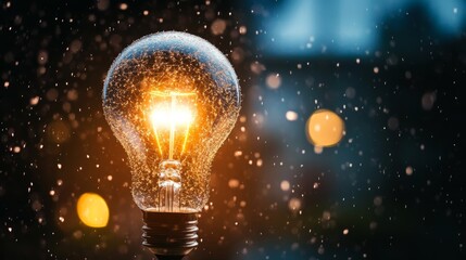 Glowing Light Bulb With Water Droplets on Black Background, Concept For Idea, Innovation