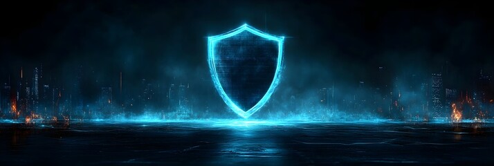 A glowing shield icon standing as a symbol of cybersecurity resilience in the middle of a dark digital landscape.
