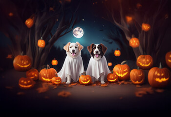 Two dogs dressed as ghosts sit among glowing jack-o-lanterns in a dark forest lit by a full moon.