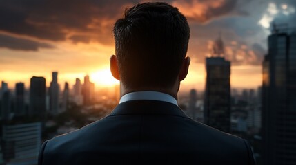 Fototapeta premium A businessman stands on a rooftop overlooking a city skyline at sunset.