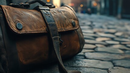 A dramatic close-up of a worn leather travel bag sitting on a cobblestone street