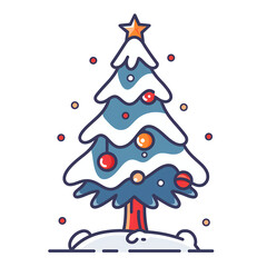 Illustration of a whimsical Christmas tree adorned with colorful ornaments, dusted with snow, capturing the joyful spirit of the holiday season.