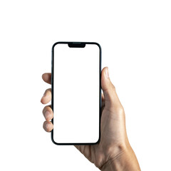 Man hand holding black smartphont with white blank screen isoloted on white background