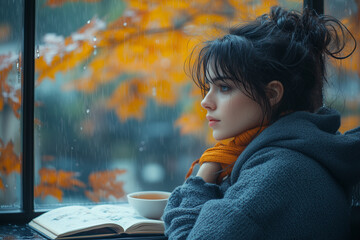 An individual sitting by a window melancholically_5