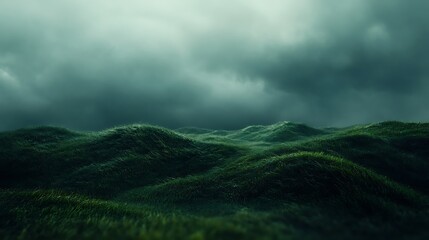 A dramatic close-up of rolling green hills under stormy clouds