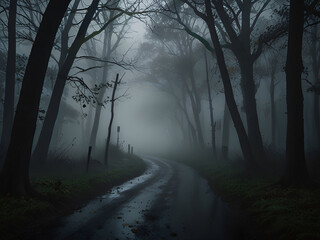 Fototapeta premium Mysterious Foggy Forest Path at Dawn. generator AI