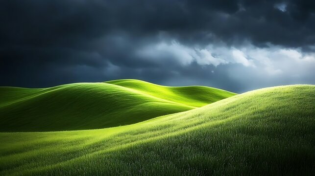 A dramatic close-up of rolling green hills under stormy clouds