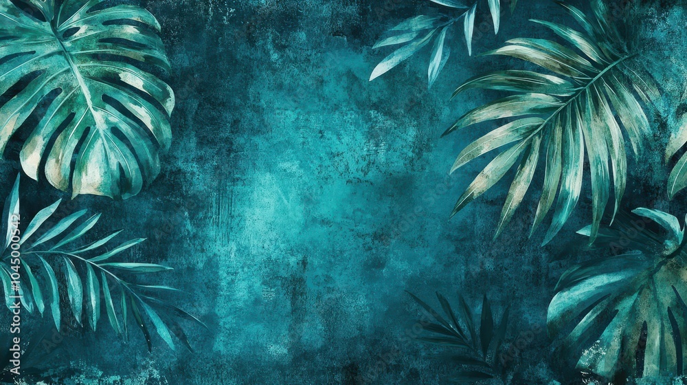 Wall mural Large tropical plants blend into a textured grunge background for lush wallpaper design