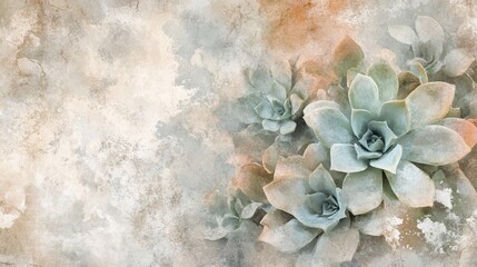 Watercolor succulents blend into a rough textured grunge background for modern wallpaper