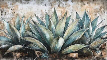 Fototapeta premium Bold agave plants stand out against a heavily textured grunge background for dynamic wallpaper