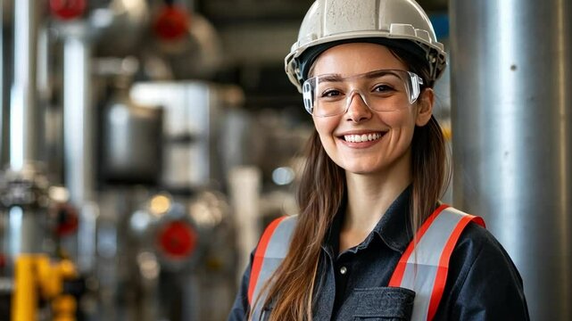 Beautiful engineer woman in action, smiling at the camera.