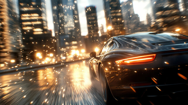 sleek car speeds through vibrant cityscape, illuminated by dazzling lights and reflections on wet pavement, creating thrilling atmosphere