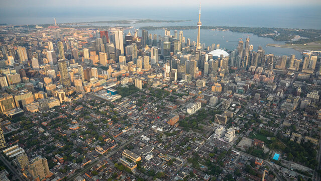 Aerial view of Toronto skyline from helicopter on a beautiful summer sunset, Ontario - Canada - Powered by Adobe