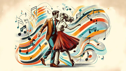 Naklejka premium A young, fashionable couple grooves in sync, surrounded by flowing wavy lines.