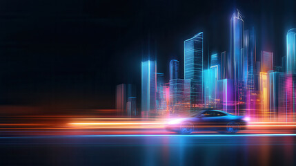 sleek car glides through vibrant neon lit cityscape, showcasing dynamic blend of colors and lights. scene captures essence of urban nightlife and speed