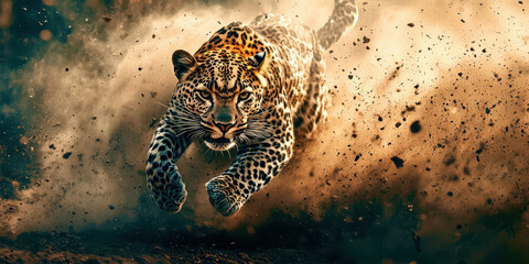 A leopard is running through a cloud of dust