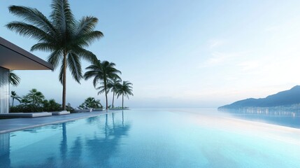 Infinity pool overlooking a tropical beach with palm trees swaying in the breeze, symbolizing indulgent luxury and relaxation