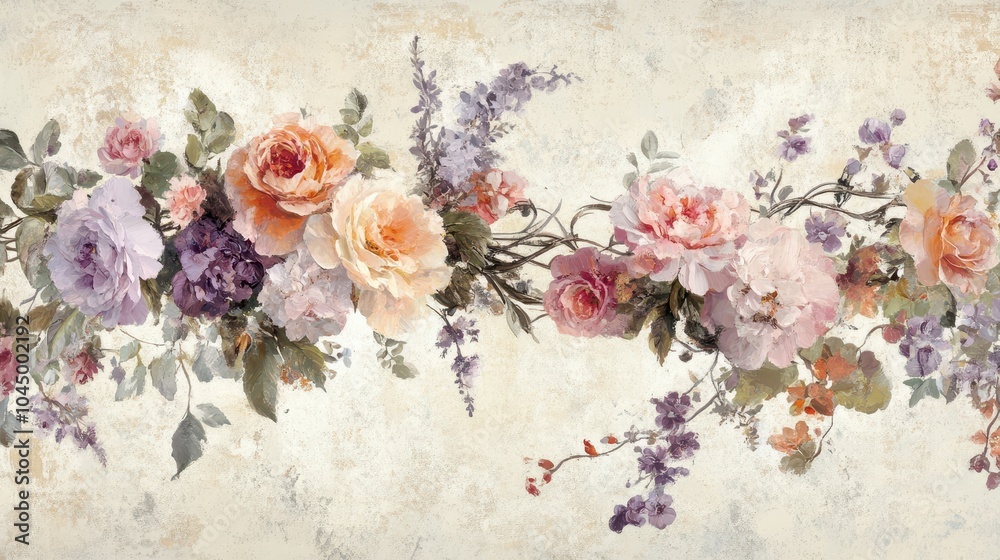 Poster Delicate pink and lavender flowers blending into a vintage textured wallpaper