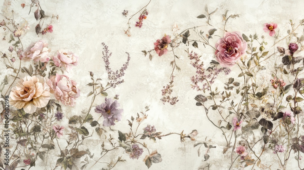 Poster Victorian flowers in pastel pinks blending into a textured vintage wallpaper backdrop