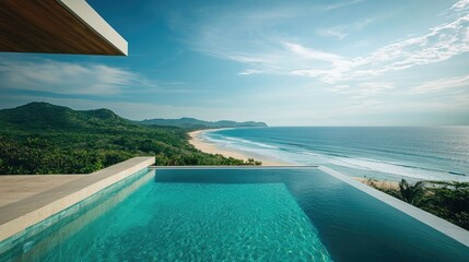 Infinity pool with a view of a white sand beach and turquoise ocean, symbolizing indulgence and luxury in a tropical paradise