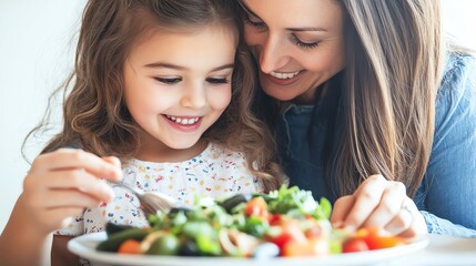 A mother and her young daughter are eating a healthy salad together.