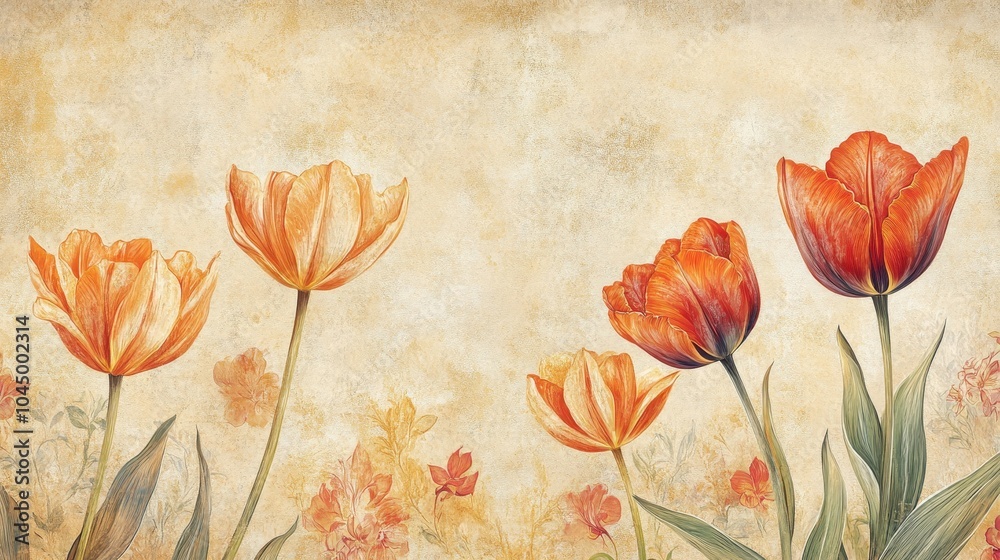 Poster Victorian tulips in orange and red blending into a textured gold wallpaper backdrop