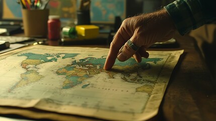 A high-resolution close-up of a world map with a finger tracing a route, showing the paper’s texture and the printed lines in sharp detail, while the traveler's desk and supplies fade into soft bokeh 