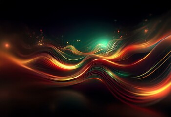 Abstract dark background with glowing red, yellow, and green lines forming a wavy pattern.
